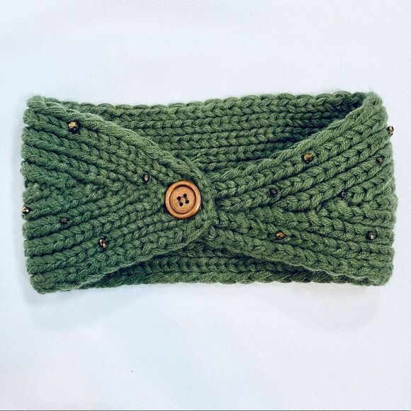 Camellia Knit Beaded Headband Green Winter Outdoor Womens - Picture 4 of 7